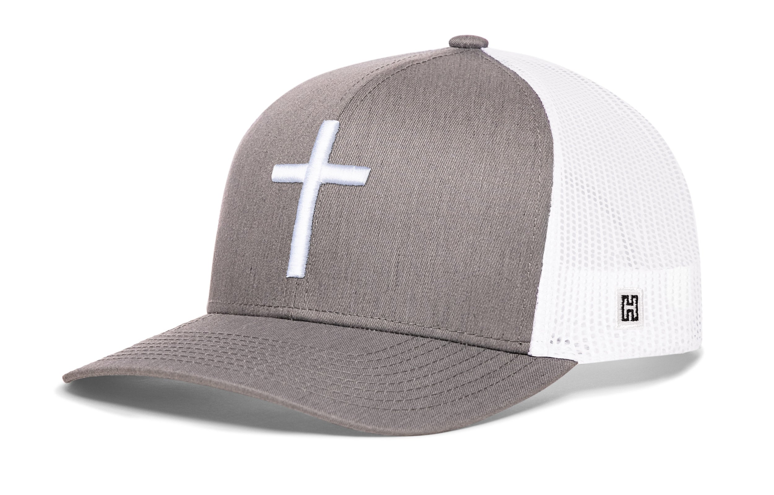 Cross Trucker Hat | Gray White Christian 3D Puff Snapback