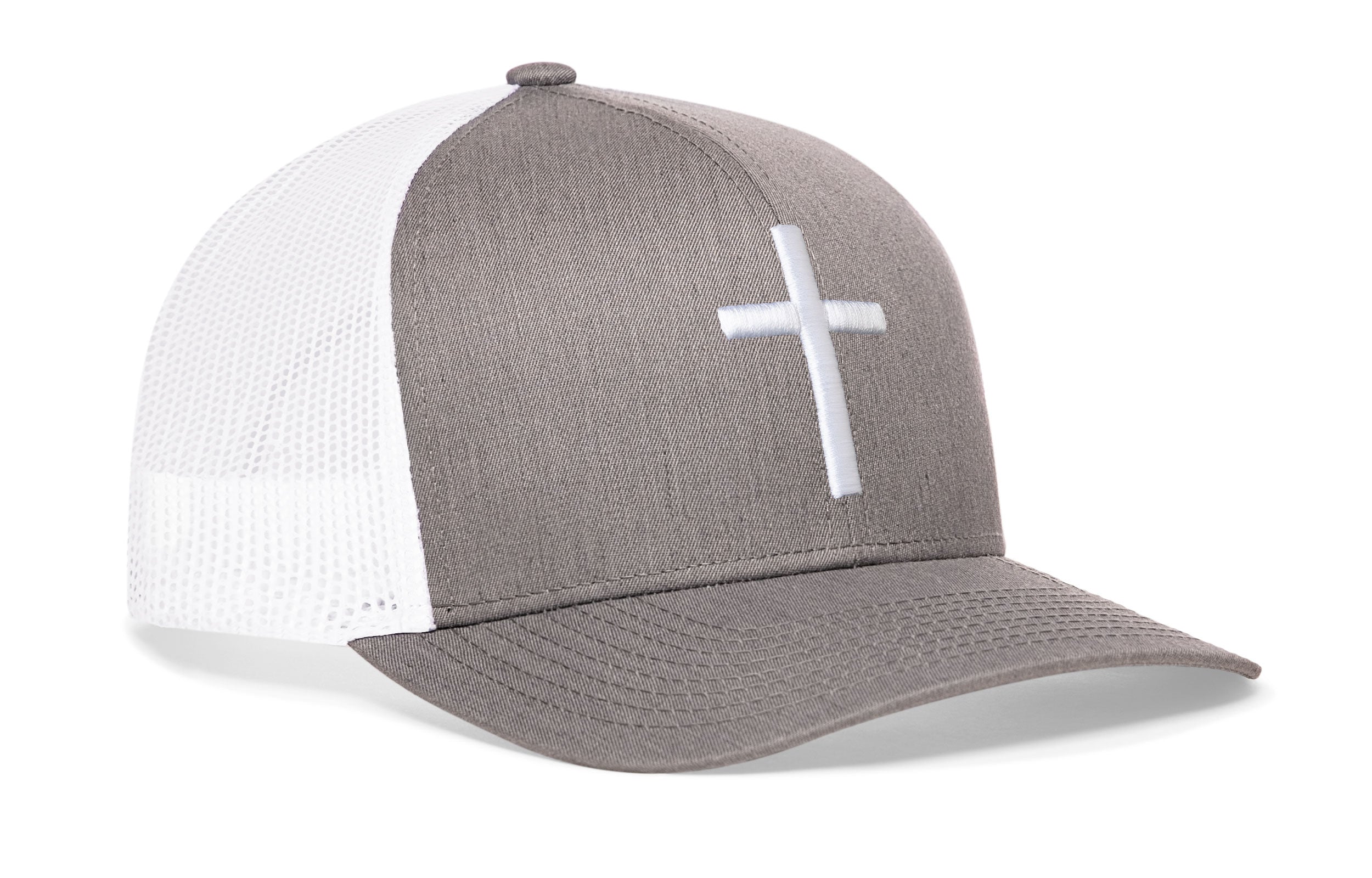 Cross Trucker Hat  |  Gray White Christian 3D Puff Snapback